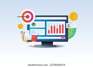 Digital ad campaign,  Marketing software analyzing campaign performance, Business data analysis tool - gradient vector illustration with icons