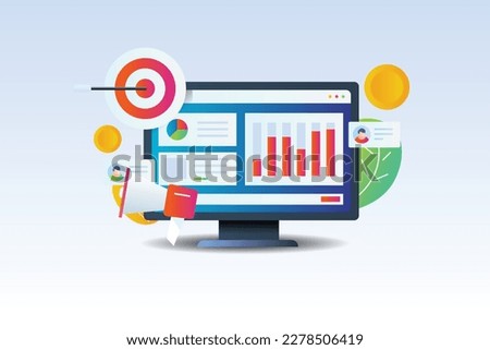 Digital ad campaign,  Marketing software analyzing campaign performance, Business data analysis tool - gradient vector illustration with icons