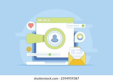 Digital Ad Targeting Concept, Ad campaigns targeting a specific audience, Audience demographics in ad campaigns, Social media targeting, Flat vector illustration on background.