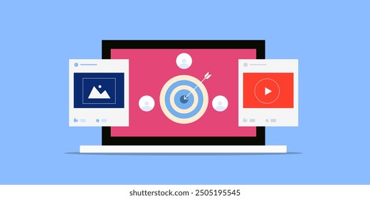 Digital ad targeting, Remarketing campaign, Retargeting campaign. Digital advertising for custom audience - vector illustration background with icons