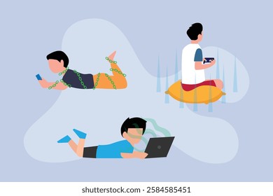 Digital Addiction Concept - Illustration of Kids Addicted to Screens and Video Games 2d flat vector illustrations