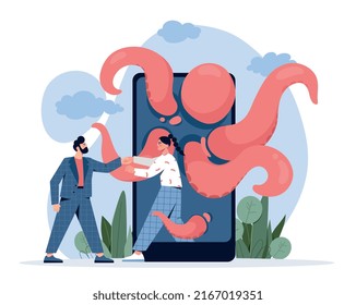Digital addiction concept. Man helps girl get off her smartphone. Modern technologies and digital world, gadgets and devices. Help with bad habits and social media. Cartoon flat vector illustration
