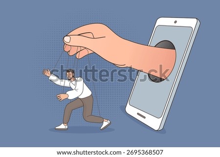 Digital addiction and manipulation concept. A hand emerges from a smartphone, controlling a man like a marionette puppet, symbolizing loss of control to technology or social media.