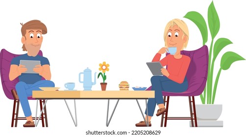 Digital addicts characters. Couple sit at coffee table with gadgets