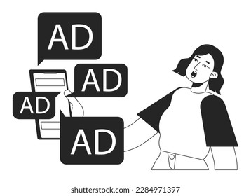 Los anuncios digitales sobrecargan la ilustración vectorial de concepto en blanco y negro. Caricatura monocroma editable para diseño web. Infoxicación en Internet de la idea de arte para el sitio web. Tipo de letra Myriad Pro utilizado