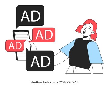 Digital ads overload line concept vector spot illustration. Editable 2D flat colour cartoon character on white for web design. Infoxication on internet idea for website, mobile. Myriad Pro font used