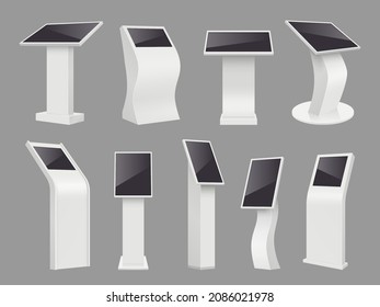 Digital ads screen. Kiosk interactive displays for exhibitions digital promo stands decent vector realistic illustrations