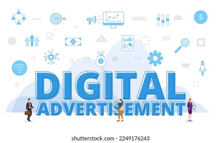 digital advertisement concept with big words and people surrounded by related icon with blue color style