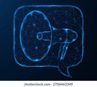 A digital advertisement. A megaphone inside the dialog message. The concept of broadcasting information, marketing notifications, online advertising and communication in a digital environment.