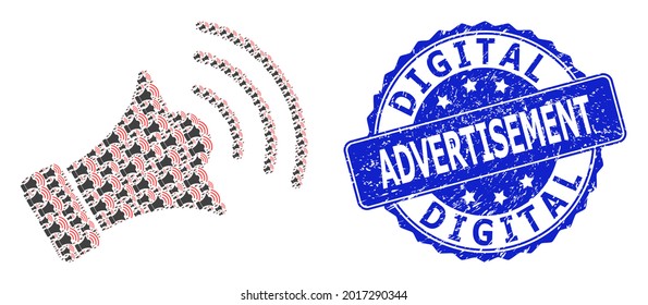 Digital Advertisement unclean round seal and vector recursive collage megaphone. Blue seal contains Digital Advertisement tag inside round shape. Vector collage is formed of scattered megaphone items.