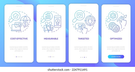 La publicidad digital tiene ventajas de pantalla de aplicación móvil con gradiente azul. Recorrido 4 pasos instrucciones gráficas con conceptos lineales. UI, UX, plantilla GUI. Multitud de tipos de letra Pro-Bold, con uso regular