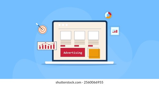 Digital advertising analytics, Ad campaign performance monitoring, Ad optimization tool, Ad targeting technology - vector illustration background with icons