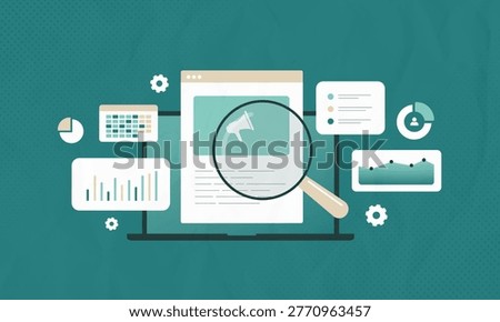 Digital advertising analytics with ad performance tracking and campaign analysis in web interface. Marketing analytics workflow with data analysis, performance monitoring process vector illustration