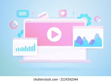 Concepto de Analítica de Publicidad Digital. Estadísticas de negocios de datos de marketing de vídeo. Publicidad en línea de programación y de destinatarios nativos. Contenido de vídeo de promoción de negocios de marketing digital entrante