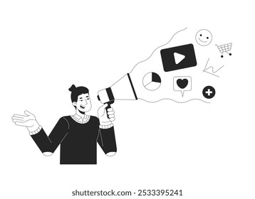 Publicidad digital en blanco y negro concepto de ilustración 2D. Carácter aislado del contorno del megáfono del anunciante de medios sociales. Promoción de marca. Metáfora de estrategia de marketing online Arte vectorial monocromático