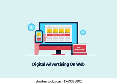 Digital advertising concept, Responsive advertising, Advertising on mobile and laptop - conceptual vector illustration with icons