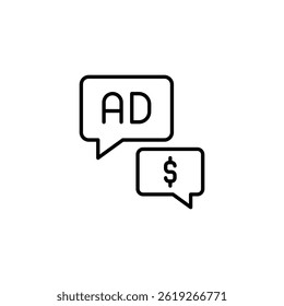 Ícone de diálogo de publicidade digital com símbolo de dinheiro isolado sobre branco