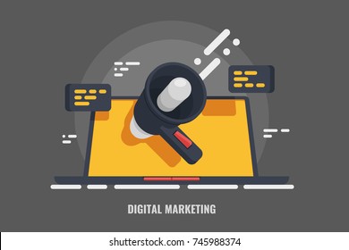 Digital advertising, email message marketing vector 3d concept, online conference, media promotion,  laptop speaker illustration