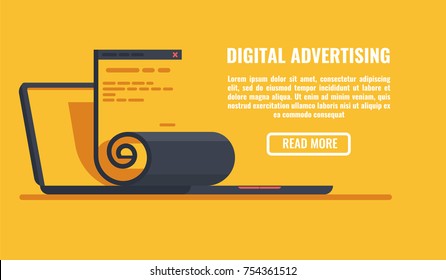 Digital advertising horizontal banner, open laptop with website page isolated flat vector illustration on yellow background