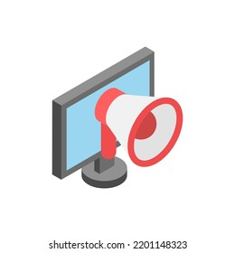 Digital advertising isometric icon. Screen and megaphone