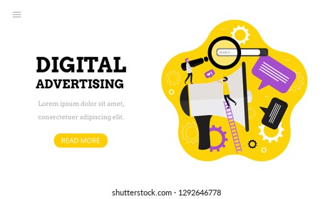 Digital advertising. Landing page template. Modern flat  concept for web design. Vector illustration with megaphone and people. Marketing strategy.