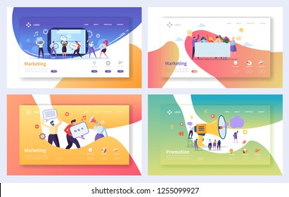 Conjunto de páginas iniciais de marketing de publicidade digital. Conceito de Comunicação Social de Personagem Empresarial. Estratégia de Mídia Online para Website ou Página Web. Ilustração vetorial plana dos desenhos animados