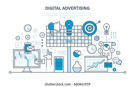 Digital advertising and marketing, media planning, promotion, online business, social networks, media, video content, market. Illustration thin line design of vector doodles, infographics elements.