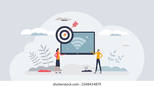 Digital advertising as marketing with targeted audience tiny person concept. Internet marketing for social media customers vector illustration. Target ads for focused and effective business campaign.