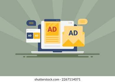Red de publicidad digital, distribución de contenido a través de publicidad en línea, contenido de correo electrónico, marketing de medios sociales, anuncios de visualización de sitios web para llegar a la audiencia - ilustración vectorial de diseño plano