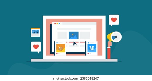 Digital advertising network, Native ads, Programmatic advertising, Social media ads, partner ad network - vector illustration banner with icons