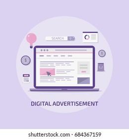 Digital Advertising On Laptop Screen, Digital Display Ad, Search Marketing, Paid Media Flat Vector Modern Concept Illustration