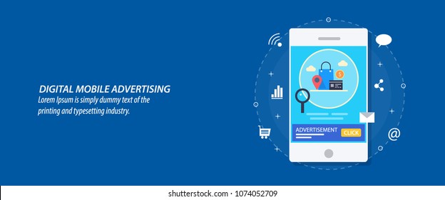 Digital advertising on mobile screen, mobile marketing, advertising flat vector banner