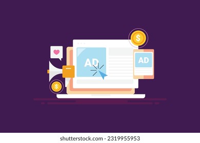 Digital advertising. Online  advertising network. Company running paid ad campaign for website promotion - vector illustration background with icons