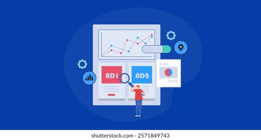 Digital advertising performance, Analysis of digital ad campaign, Ad analytics, Digital advertising sending traffic to website - vector illustration background