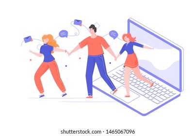 Digital advertising, referral program, refer a friend, product recommendation, internet ad, group of people holding hand character flat vector