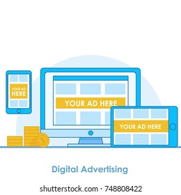 Digital Advertising seo banner. Computer, phone and tablet with adaptive design with ads and pay per click. Vector flat line illustration
