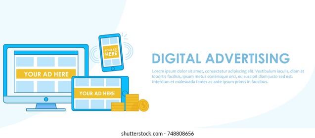 Digital Advertising seo banner. Computer, phone and tablet with adaptive design with ads and pay per click. Vector flat line illustration
