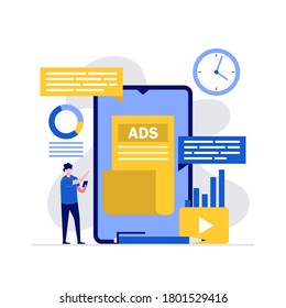 Digital advertising, SEO optimization, social media strategy and promotion concepts with character using smartphone. Modern vector illustration in flat style for landing page, mobile app, hero images.