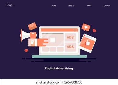 Digital advertising, Social media marketing, E-mail marketing, Content promotion - conceptual flat design vector landing page