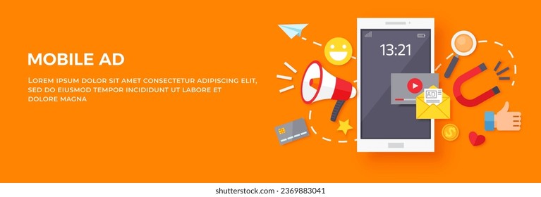 Digital advertising social media online marketing. Mobile ad landing page template, e-commerce. Advertising campaign. Online store, shopping via smart phone, customer attraction, sales and purchases
