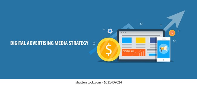 Digital Advertising, Social Media Strategy, Website Traffic Growth Flat Design Vector Illustration On Blue Background