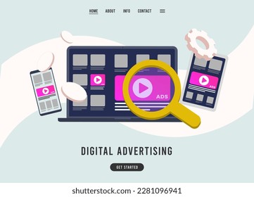 Digital Advertising Strategy concept. Programmatic advertising and Native online advertising illustration with laptop, phone and tablet pc for landing page and website headers.