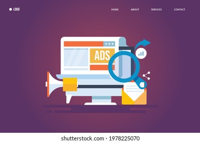 Digital advertising, Website ads, Banner ads, Paid marketing - landing page vector illustration with icons