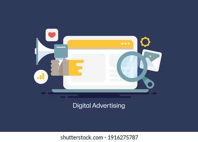 Digital advertising, Website marketing, SEO, Social media, content marketing - conceptual vector illustration with icons