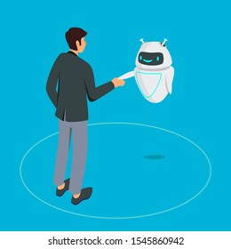 Digital advisor robot flat vector illustration. Сyborg operator, chatterbox concept, automation of support services, artificial intelligence concept. Robot shakes hands with a man.