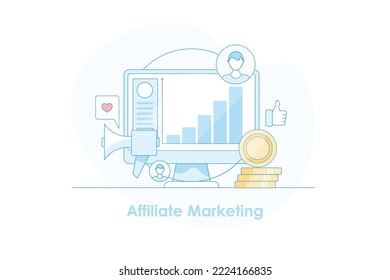 Digital Affiliate Business, Making Money From Affiliate Marketing, Selling Affiliate Products And Services - Flat Design Background With Icons