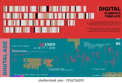 Digital age concept banner template design with layout text sample, tint colorful with computer glitch elements, vintage technology retro feeling
