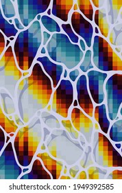Digital age pixels glitch elements and water ripples on top, cyber and nature concept print template design, digital pool vibe