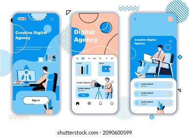 Digital agency concept onboarding screens for mobile app templates. Online promotion, marketing, data analysis. UI, UX, GUI user interface kit with people scenes for web design. Vector illustration