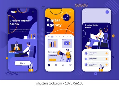 Digital agency unique design for social networks stories. Product branding, startup project launch mobile screen templates for app. UI UX layouts vector illustration. GUI set with people characters.